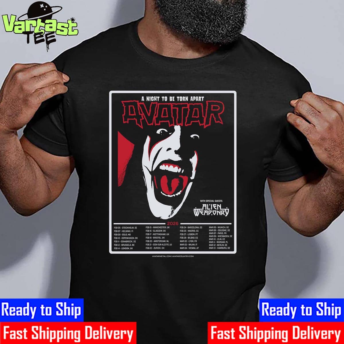 A Night To Be Torn Apart Avatar February-March 2026 European Tour Dates List With Special Guests Alien Weaponry Unisex T-Shirt A Night To Be Torn Apart Avatar February-March 2026 European Tour Dates List With Special Guests Alien Weaponry Unisex T-Shirt