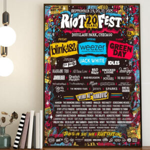 The Riot Fest 20th Anniversary Lineup With Headliners Blink-182 Weezer And Green Day At Douglass Park Chicago IL On September 19-21 2025 Home Decor Poster Canvas
