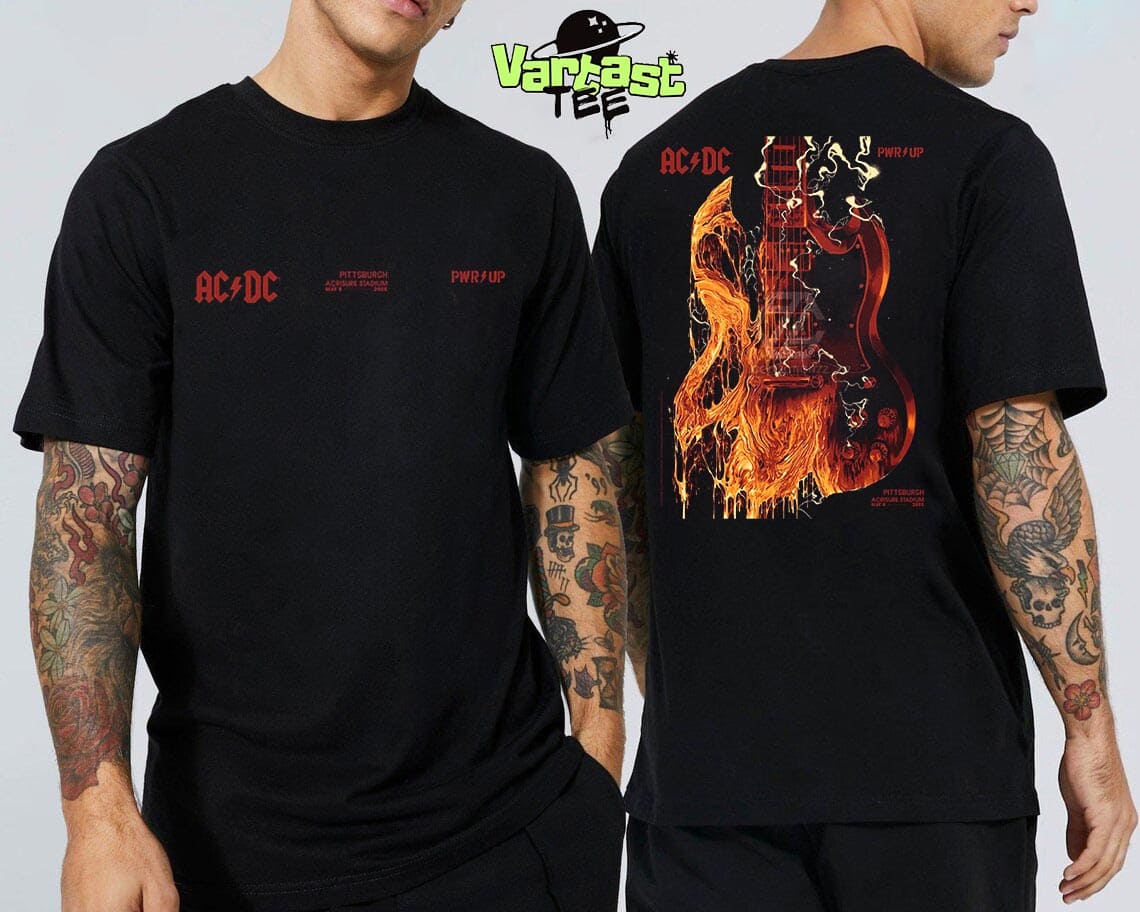 ACDC PWR UP Tour 2025 Angus Guitar Poster At Acrisure Stadium In Pittsburgh PA On May 8th 2025 Two Sided Unisex T-Shirt ACDC PWR UP Tour 2025 Angus Guitar Poster At Acrisure Stadium In Pittsburgh PA On May 8th 2025 Two Sided Unisex T-Shirt