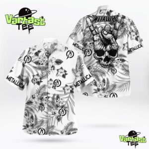 Skull Hand Sign Metallica Rock Band Logo Tropical Flowers Hawaiian Shirt