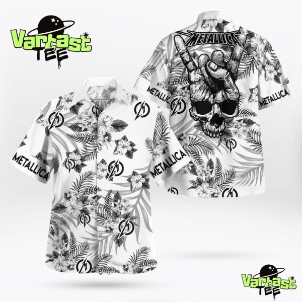 Skull Hand Sign Metallica Rock Band Logo Tropical Flowers Hawaiian Shirt