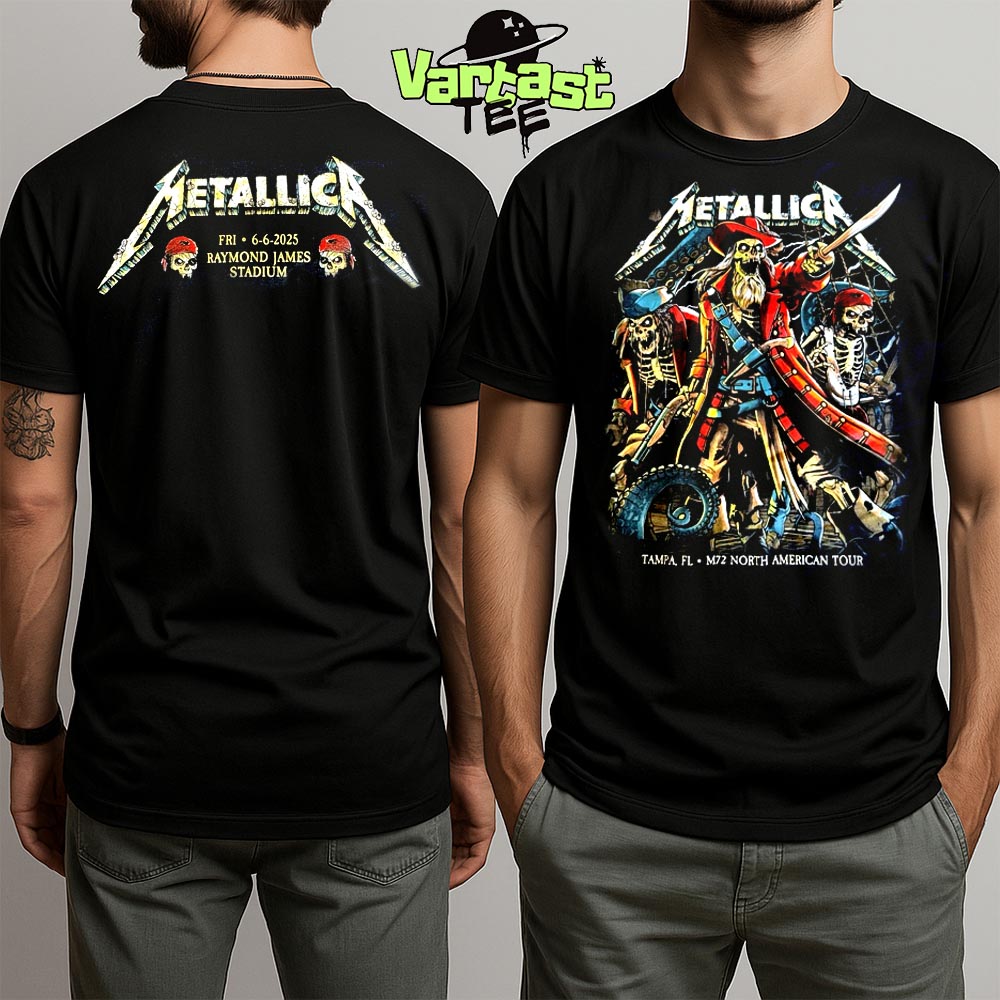 Metallica M72 Tampa 2025 Night 1 The Pirate Skeleton Venue Tee At Raymond James Stadium Tampa FL On June 6th 2025 Two Sided Unisex T-Shirt Metallica M72 Tampa 2025 Night 1 The Pirate Skeleton Venue Tee At Raymond James Stadium Tampa FL On June 6th 2025 Two Sided Unisex T-Shirt