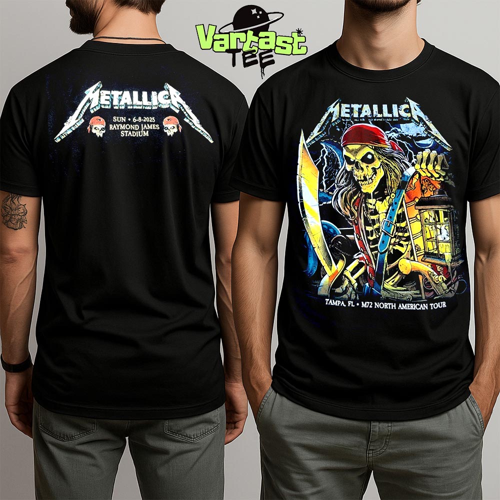 Metallica M72 Tampa 2025 Night 2 The Pirate Skeleton Venue Tee At Raymond James Stadium Tampa FL On June 8th 2025 Two Sided Unisex T-Shirt Metallica M72 Tampa 2025 Night 2 The Pirate Skeleton Venue Tee At Raymond James Stadium Tampa FL On June 8th 2025 Two Sided Unisex T-Shirt